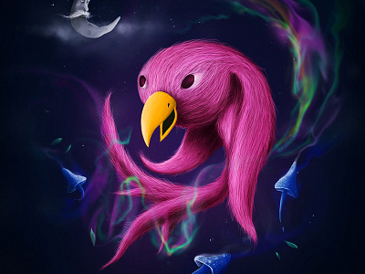 Yum Yum Cult bird dark digital painting illustration moon mushrooms night pink sky