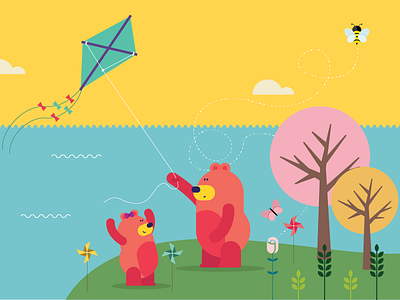 Bears bear bears bee flower kite picnic tree