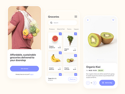 Sustainable Groceries App app buy check out design ecomm ecommerce food fruit groceries grocery log in mobile pdp shopping vegetables veggies