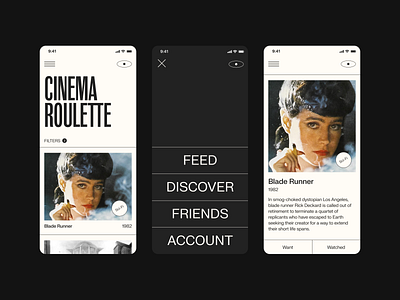 Cinema Roulette Concept app art branding cinema culture design film graphic design minimal mobile movie movies typography ui