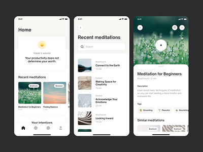 Meditation App app brand branding calm chill design details ecommerce feed home list meditate meditation mobile ui
