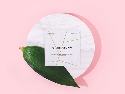 Vitamatcha bag identity layout leaf logo matcha packaging photo pink pouch tea typography