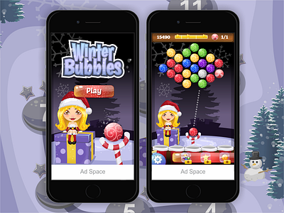 Game app design bubbles candy christmas cute elves girl holidays match3 santa snow winter