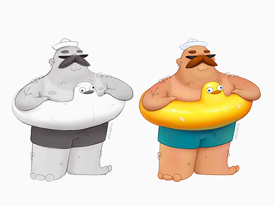 Beach man 2d art beach cartoon character character design characterdesign concept design doodle fat illustration man moustache rubber duck sea sketch summer sun glasses tan vacation