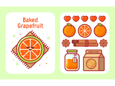 Baked Grapefruit art card cute design flat food icon illustration line morning outline vector