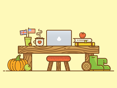 October art autumn cute english flat illustration language laptop line october pumpkin wood