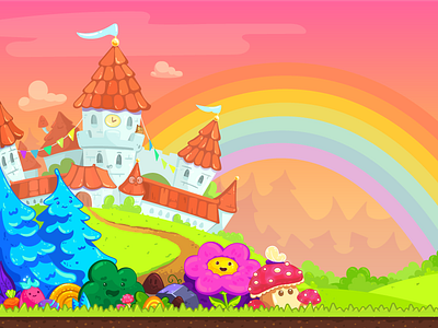 Lingvotree Background castle fantasy flat flower game illustration kingdom mushroom rainbow smile tree vector