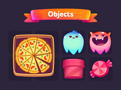 LingoLand Objects app box candy game ghost icon match3 mobile pink pizza smile tape