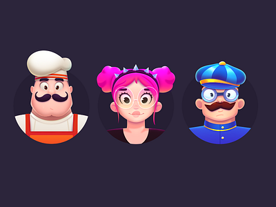 LingoLand Characters app avatar character concept cook costume game girl glasses hatch machineast man moustaches outfit pink pink hair smiles spike