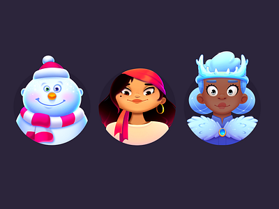 LingoLand Characters app avatar blue casual character christmas concept costume face game gypsy hat ice mobil outfit queen smile snowman winterboard woman