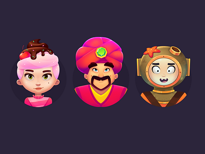 LingoLand Characters app avatar cahdy character cherry cream diver game gem hat mage man mobile moustache pink smile smiley face star woman