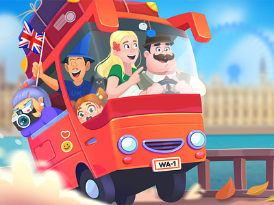 WordsApp 2d app bus character design england english game illustration language learning london match3 moustache red red bus study travel trip ui