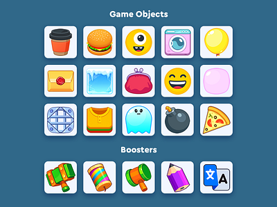 WordsApp game objects 2d app balloon bomb burger casual coffee design envelope game ghost ice icon illustration match 3 mobile pizza shirt smile ui