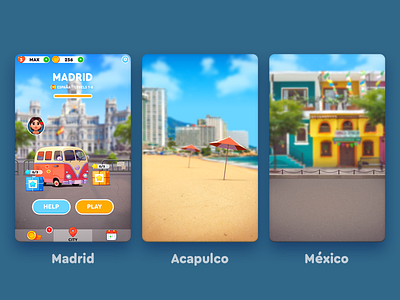 WordsApp Locations 2d app beach bus car casual city design game illustration location match3 menu mexico mobile red bus sea spain travel ui