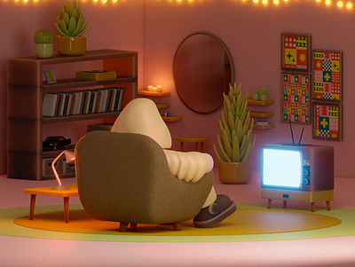 Retro TV in a cozy room 3d graphic design illustration