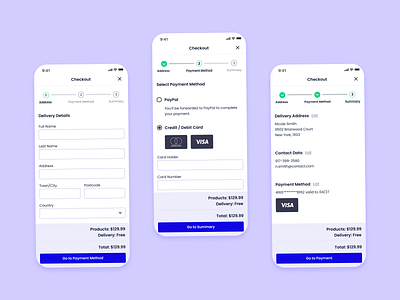 Checkout flow - Mobile app app app design application checkout design e commerce e commerce ecommerce input forms interface mobile product shop shop app shopping app store ui uiux ux