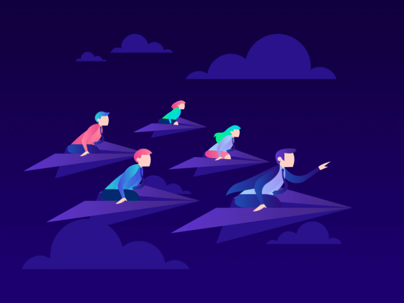Top Traders animation bright cloud fly gif gradient gradient color illustration leader loop motion people purple team web