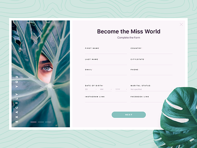 Registration Form. DailyUI beauty clean contest dailyui form green interface leaf light minimal modal model page popup registration signup subscribe ui web website