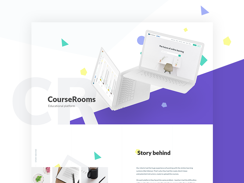 Course Rooms. Educational Web Platform design minimal colors typography white violet perspective shapes student coursera course learning education minimalistic clean light landing geometry ui web