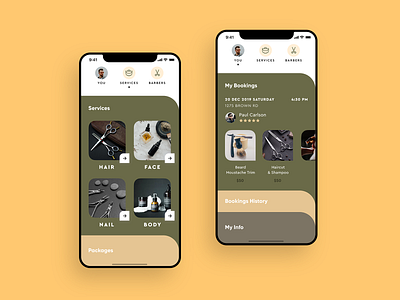App for Barbershops app barber barbershop beauty booking card clean creative haircut ios military minimal mobile round salon service services tabs trend ui