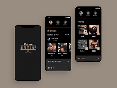 App for Barbershops account app barber barbershop beauty bookings concept creative dark haitcut ios luxury mobile old product profile salon services tabs ui