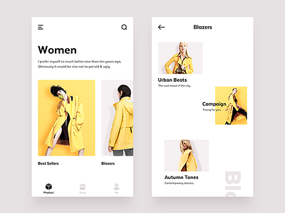 E-Commerce App blazers campaign categories clothing e-commerce ecommerce product shop ui ux yellow style
