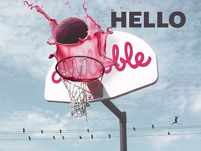 Hey Dribbble! art ball basket bird collage debuts jumping liquid pink sky splash woman
