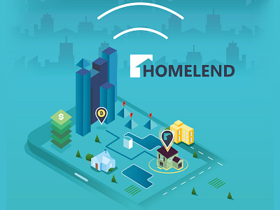 Isometric City for Homelend blockchain city connections flat home house isometric money mortgage neighborhood pool trees