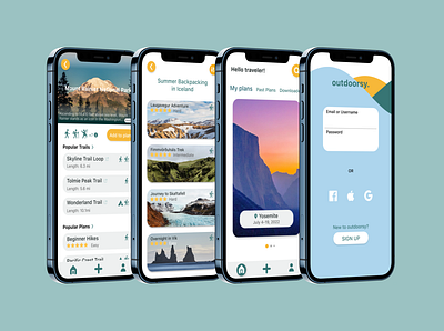 outdoorsy Travel App app backpacking camping design hiking nature outdoors outdoorsy planning playful round soft travel travel planning ui ux