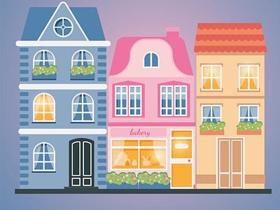 Illustration of street of watercolor scandinavian houses