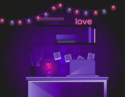 Neon work room computer illustration laptop neon room table work workplace with neon lights