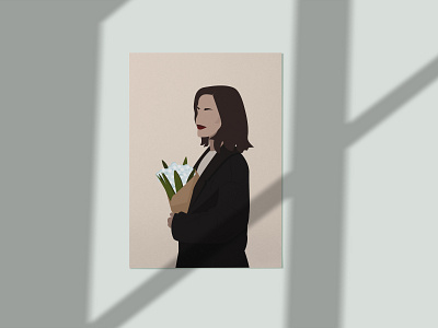 Brunette with red lips holding flowers. Dressed in a black coat.