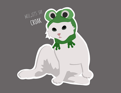 White cat lies in a frog hat "Well, let's say croak" animal cat design frog funny graphic design illustration phrase spring toad