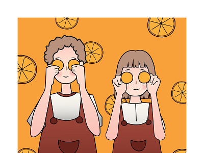 Cute drawing of a couple in love with oranges in their hands. love spouse