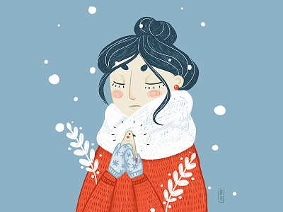 Warm winter days digital art digital illustration girl character girl with bird illustraion winter winter mood