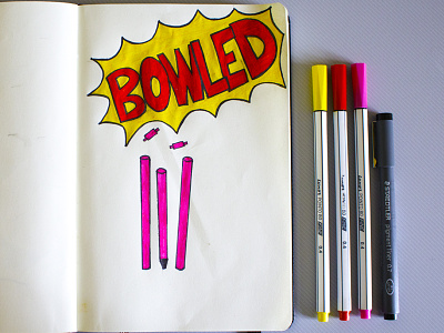 Bowled - Comic Style Typography comic cricket illustration pens style. sports typography