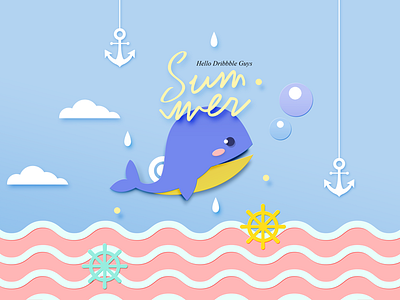 Hello Dribbble Guys Summer bubble cloud color drink illustration ocean pink raindrop sea shark summer