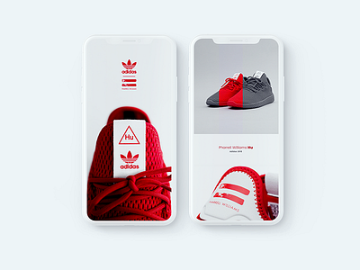 Adidas Pharrell Williams Hu collection aab adidas app ecommerce iphone mobile mockup red shoes sneaker