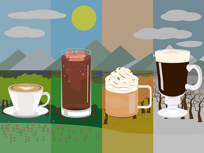 Four Seasons of Coffee adobeillustrator autumn cappuccino coffee coffeeart coffeetime fall frenchpress iceamericano illustrator irishcoffee midnightastronaut pumpkinspicelatte seasons sprint summer vector vectorart winter