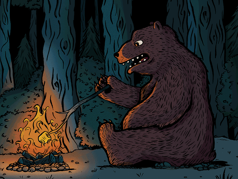 52 Week Illustration Challenge Week 14: Camping bear camping effects fire forest grizzly illustration ink lighting night photoshop smores