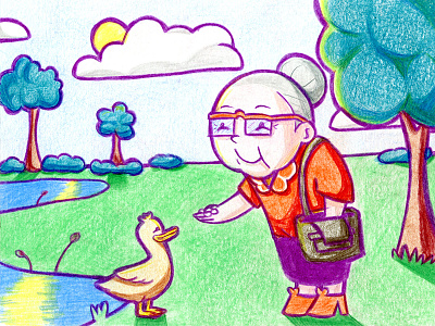 52 Week Illustration Challenge Week 18: Grandmother color colored pencil duck grandma grandmother illustration little old lady park prismacolor sun trees water
