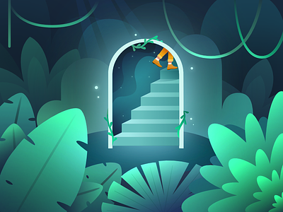 The Portal affinity atmospheric blue climb design forest green illustration ivy ixdbelfast light magic nature person plants portal scene stairs vines woods