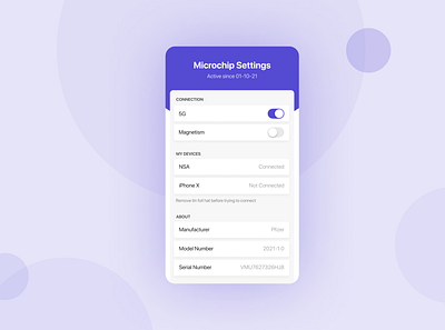 Microchip Settings - Daily UI 007 app settings conspiracy theory contraversial covid vaccine covid19 daily 100 daily ui daily ui 007 daily ui settings dailyui dailyui007 microchip mobile settings satire setting ui settings ui ux vaccine vaccine microchip