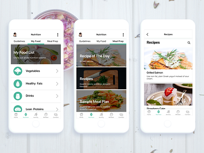 Nutrition and recipe screens app food guidelines meal mobile nutrition recipe