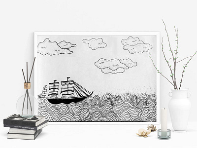 Ocean Ship blackwhite clouds ocean ship sketching