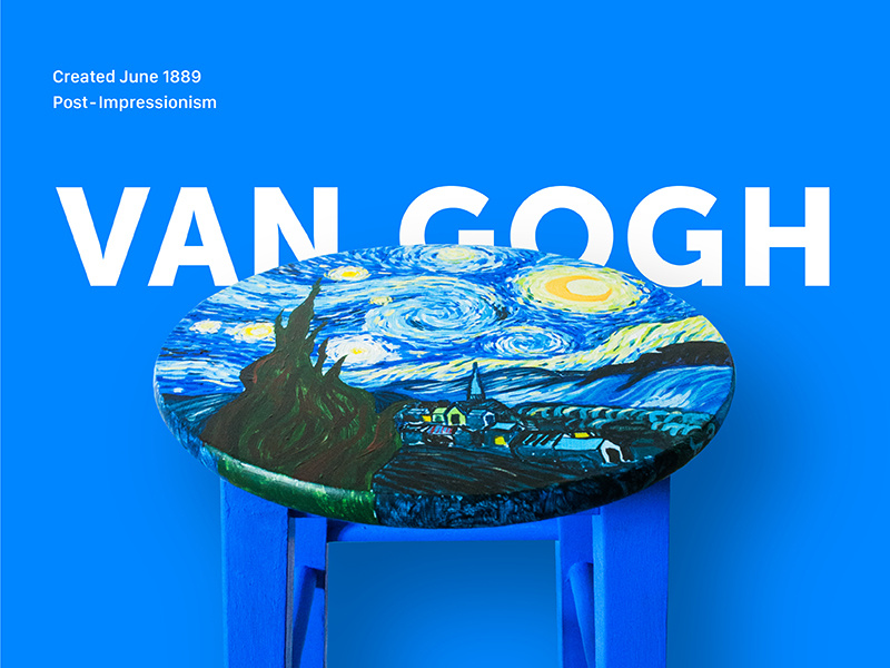 Hand Painted Starry Night Stool blue wood art post-impressionism stool paint hand painted van gogh