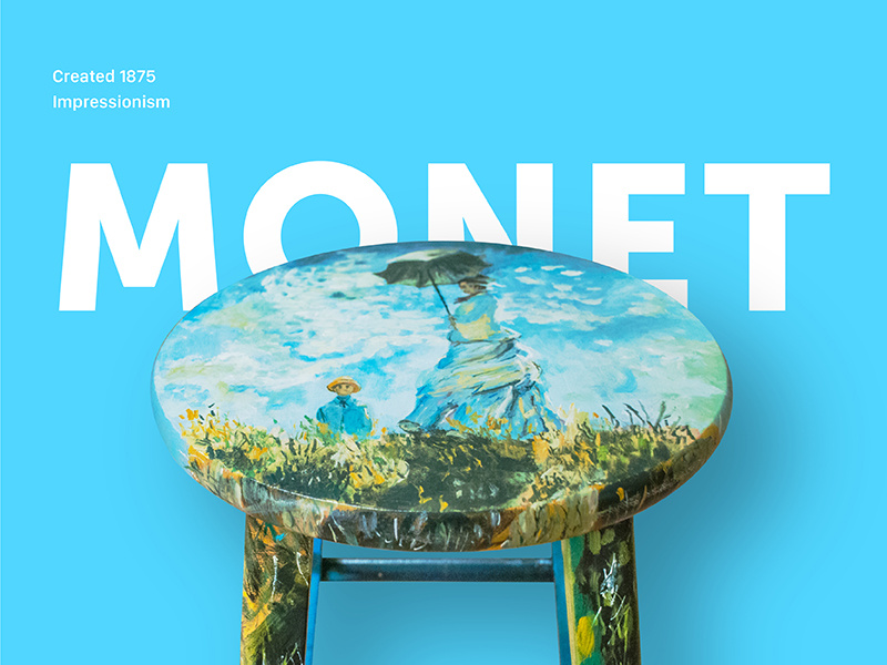 Hand Painted Monet Stool wood stool impressionism handmade paint hand painted blue art monet
