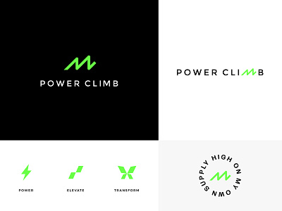 Power Climb brand design brand identity branding design system fitness fitness logo fitness studio icon design iconography logo design m logo power symbol versaclimber