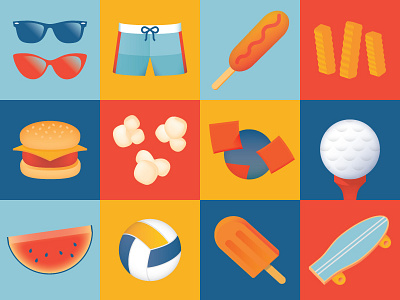 Boardwalk Icon Set boardwalk corndog cornhole mini golf popcorn skateboard slider summer sunglasses swim trunks volleyball watermelon