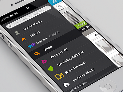 Shopping app sidebar menu basket buttons buy clean commerce flat icons ios iphone iphone 5 iphone app m commerce menu purchase retina search search bar selected shop shopping sidebar